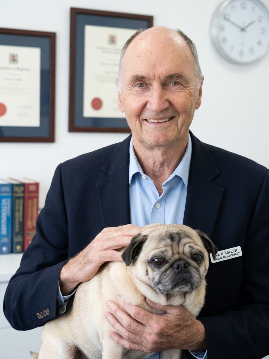Dr Garth Jennens in his consulting room with a pug, qualifications framed behind him
